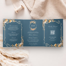 Fall Wildblume Wappen Dusty Blue QR Code Hochzeit Dreifach Gefaltete Einladung