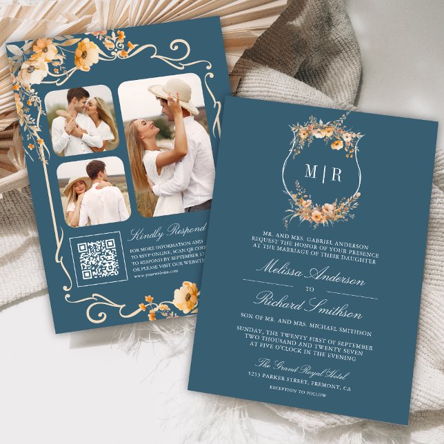 Fall Wildblume Wappen QR Code Dusty Blue Wedding Einladung (Von Creator hochgeladen)