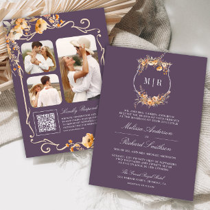 Fall Wildblume Wappen QR Code Dusty Lila Wedding Einladung