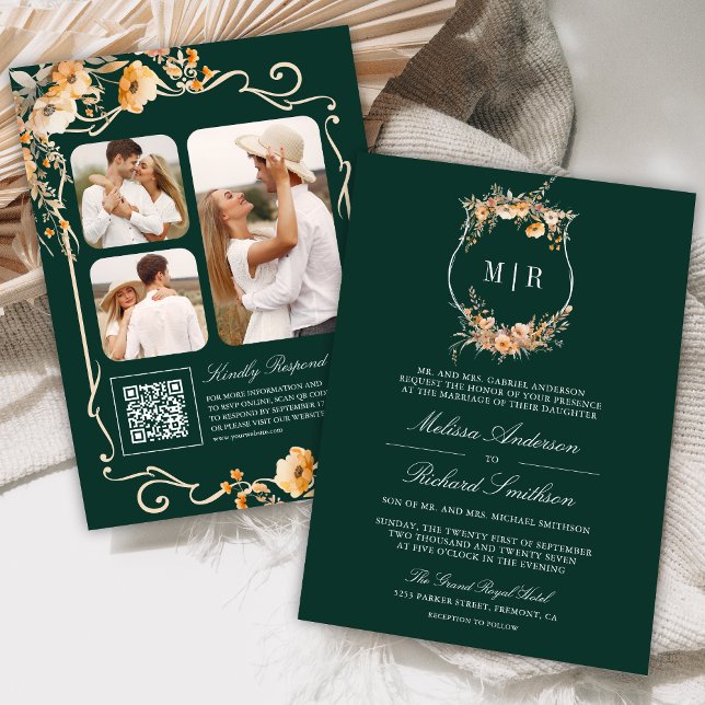 Fall Wildblume Wappen QR Code Emerald Wedding Einladung (Von Creator hochgeladen)