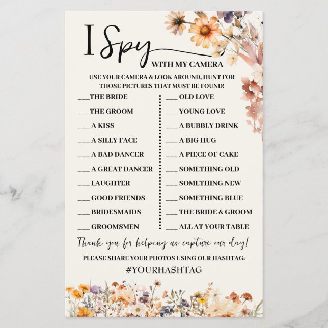 Fall Wildblumen I Spy Wedding Reception Game Card Flyer (Vorne)