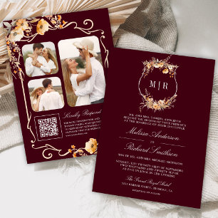 Fall Wildblumen-Kamm QR-Code Burgunder Hochzeit Einladung