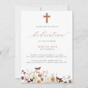 Fall-Wildblumen Kreuz- und Script-Baby-Dedication Einladung