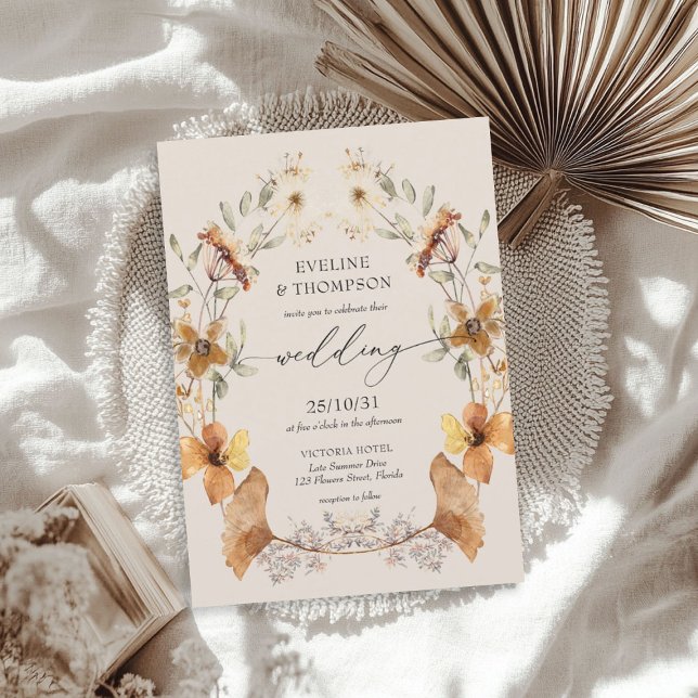 Fall Wildblumen Watercolor Floral Gingko Hochzeit Einladung (Fall Wildflowers Watercolor Floral gingko Wedding Invitation)