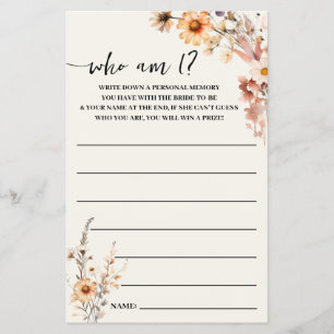 Fall Wildblumen Wer bin ich? Brautparty Game Card Flyer