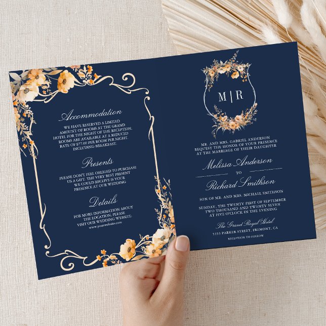Fall Wildflower Crest Navy Blue QR Code Wedding Einladung (Von Creator hochgeladen)