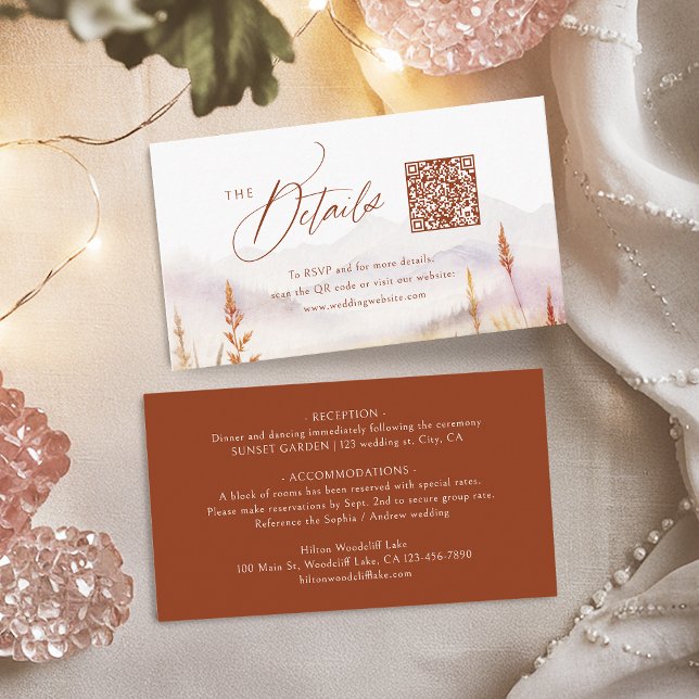 Fall Wildflower Mountain Rustic QR code Details Platzkarte (Fall Wildflower Mountain Rustic QR code Details Place Card)