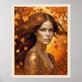 Fall Wind Woman in Orange Blätter Blaue Augen Frau Poster