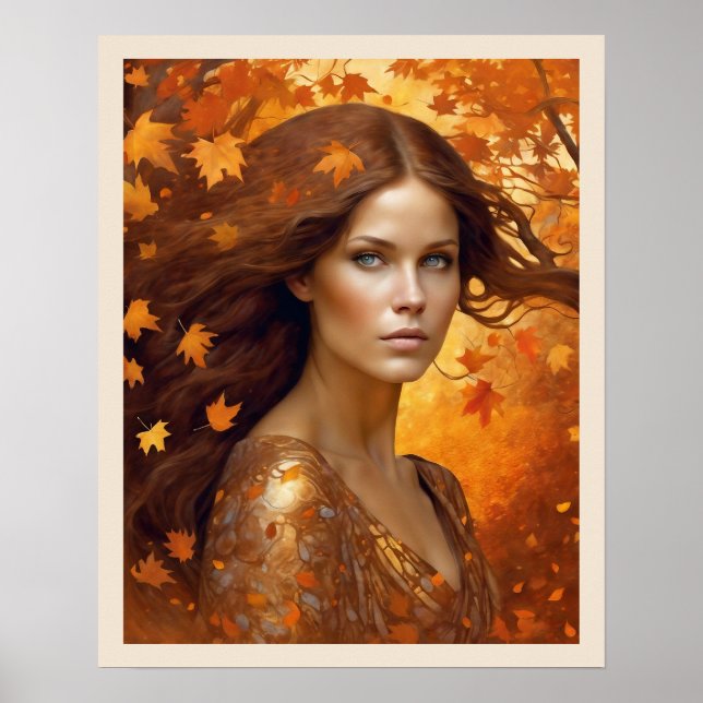 Fall Wind Woman in Orange Blätter Blaue Augen Frau Poster (Vorne)