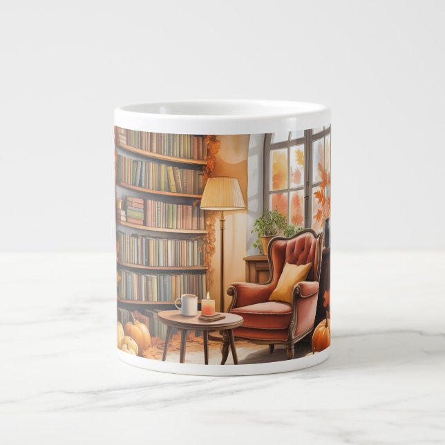 Fall Window Reading MUG — Cozy Chair & Books Jumbo-Tasse (Vorderseite)