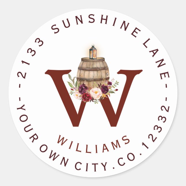 Fall Wine Barrel Monogram Circle Address Label Runder Aufkleber (Vorderseite)