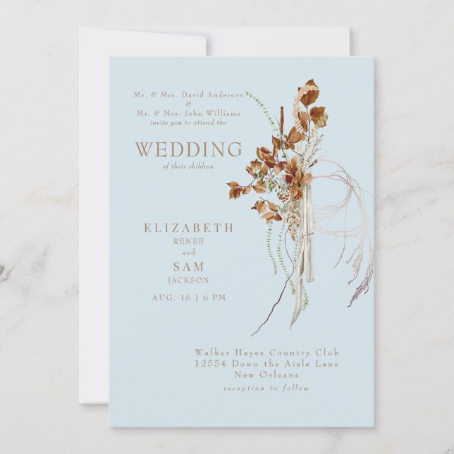 Fall Wispy Boho Sky Blue Beide Eltern Einladung (Vorderseite)