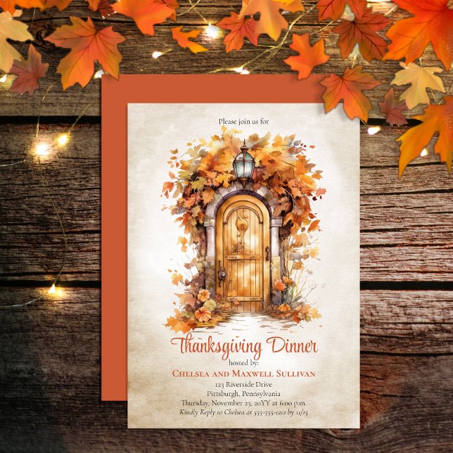Fall Wood Door Blätter Erntedank Dinner Party Einladung (Celebrate your Thanksgiving gathering in style with this rustic elegance leaves arched door design!)