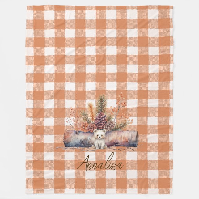 Fall Woodland Bear Rustic Gingham Personalisiert Fleecedecke (Vorderseite)