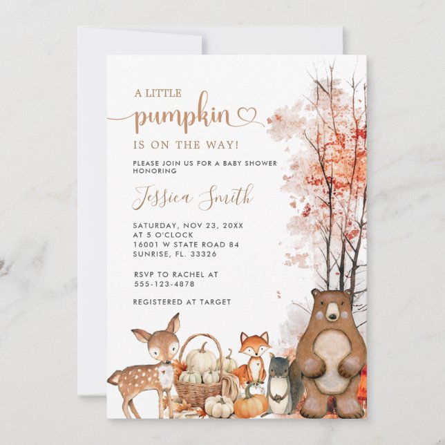 Fall Woodland Little Pumpkin Baby Shower Einladung (Vorderseite)