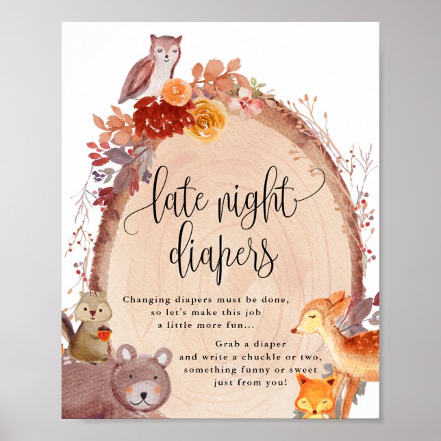 Fall Woodland Tiere Späte Nacht Windeln Zeichen Poster (Vorne)