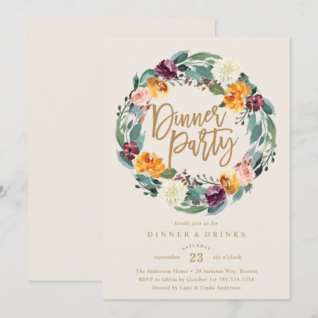 Fall Wreath Dinner Party Einladung (Vorne/Hinten)