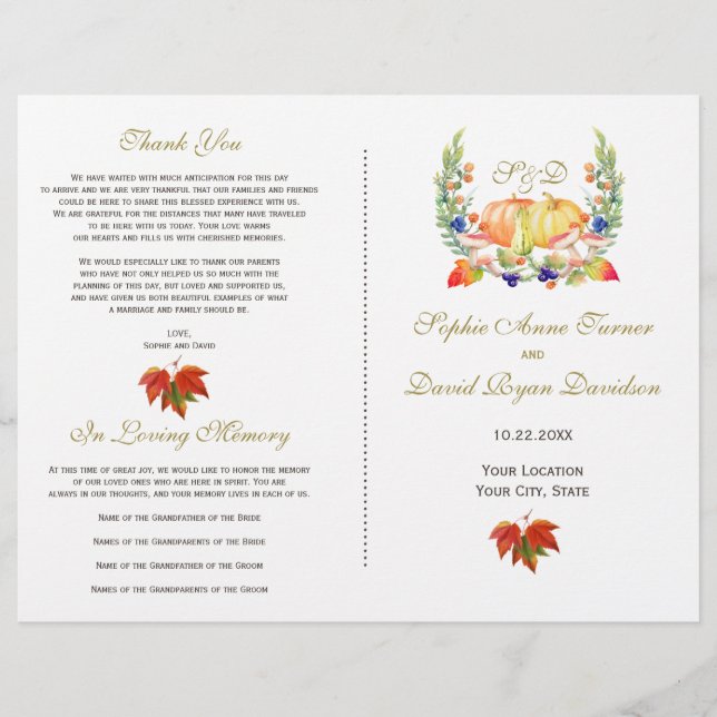 Fall-Wreath-Erntedank-Hochzeitsprogramm Flyer (Vorne)