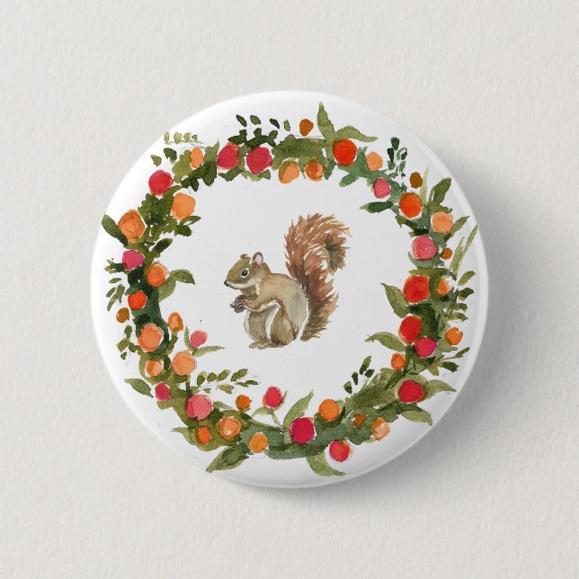 Fall Wreath mit Eichhörnchen-Wasserfarbe Button (Vorderseite)