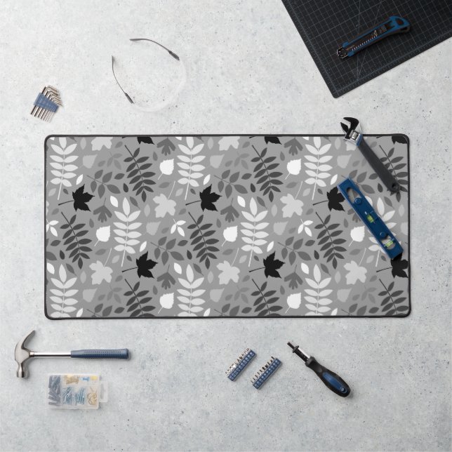 Fallen Blätter Große Muster Monochrome auf Grau Schreibtischunterlage (Arbeitsplatz)