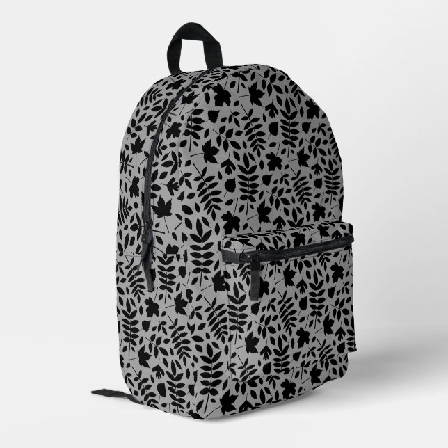 Fallen Blätter Muster Schwarz auf Grau Bedruckter Rucksack (Rückseitige Ecke links)