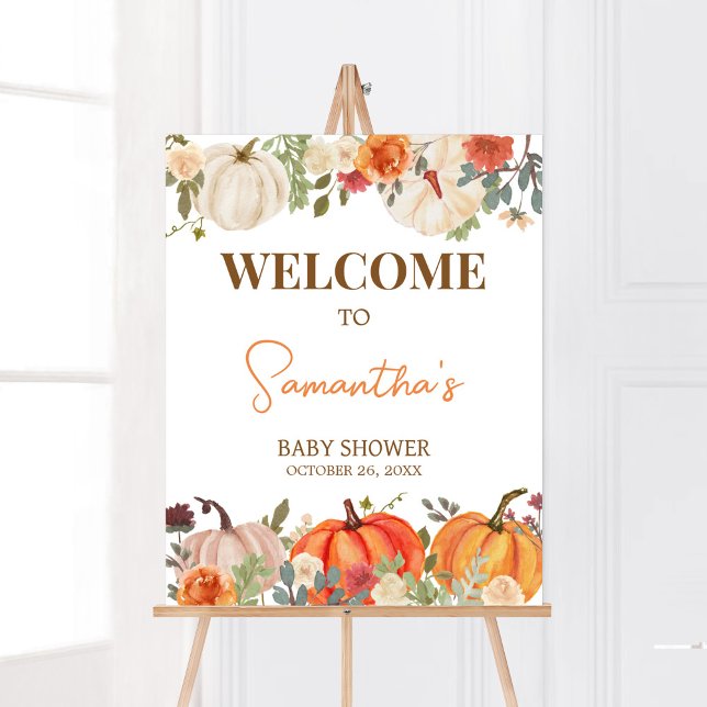 Fallend in der Liebe Floral Pumpkin Begrüßungs Bab Poster (Fall Floral Pumpkin Baby Shower Welcome Sign)