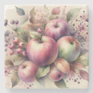 fallende Äpfel in Pastellfarben Aquarellmalerei Steinuntersetzer