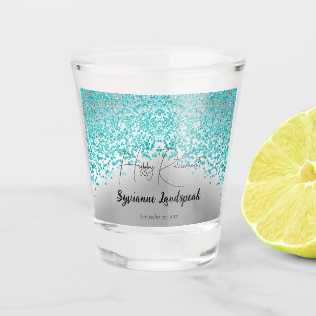 Fallende Aquamarine Blue Glitzer & Silver Retireme Schnapsglas (Vorderseite)