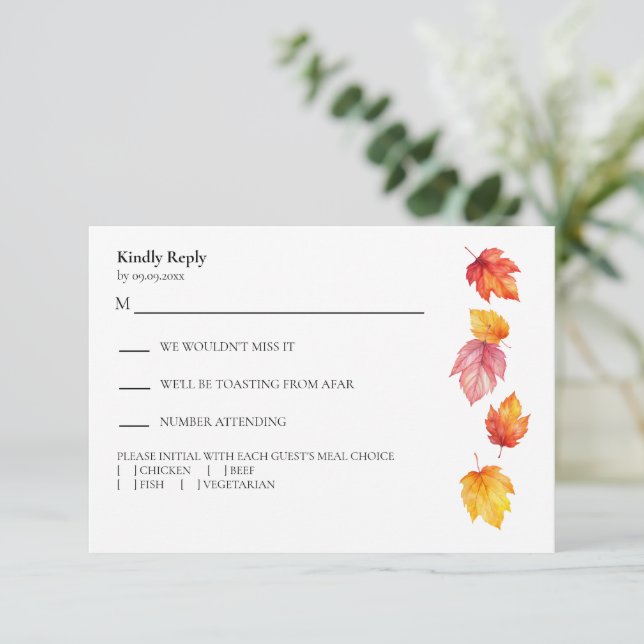 Fallende Blätter Herbst Moderne Hochzeitreaktion, RSVP Karte (Stehend Vorderseite)