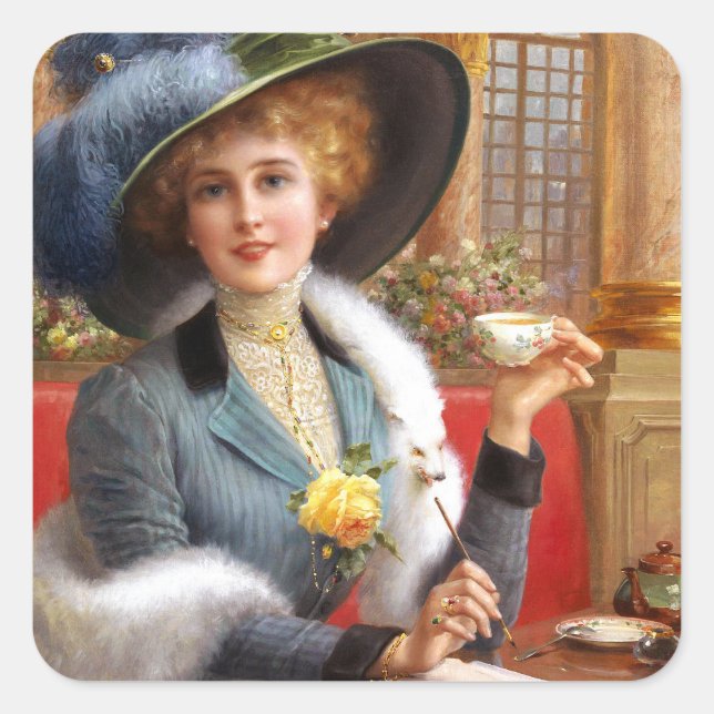 Fallende Buchstaben und Tee Quadratischer Aufkleber (Vorderseite)