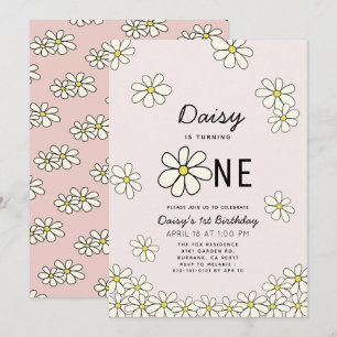Fallende Daisies Blumenrosa 1. Geburtstag Einladung