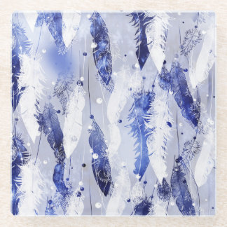 Fallende Federn: Aquarellblaues Muster. Glasuntersetzer