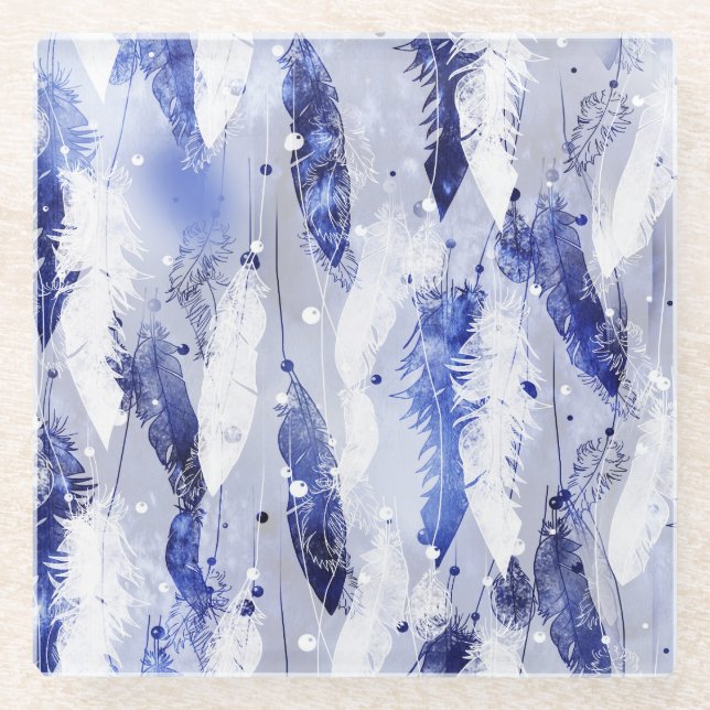 Fallende Federn: Aquarellblaues Muster. Glasuntersetzer (Vorderseite)