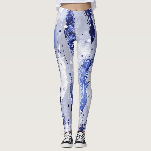 Fallende Federn: Aquarellblaues Muster. Leggings (Vorderseite)