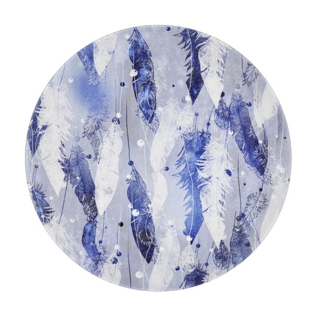 Fallende Federn: Aquarellblaues Muster. Schneidebrett (Vorderseite)