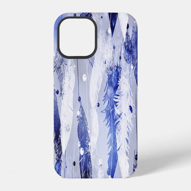 Fallende Federn: Wasserfarbenes blaues Muster. iPhone Hülle (Rückseite)