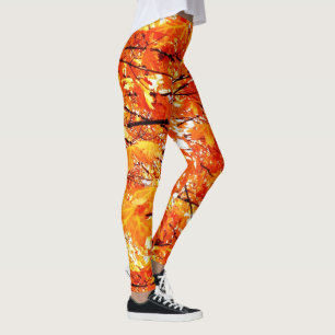 Fallende Herbstblätter, Orange mit schwarzen Leggi Leggings