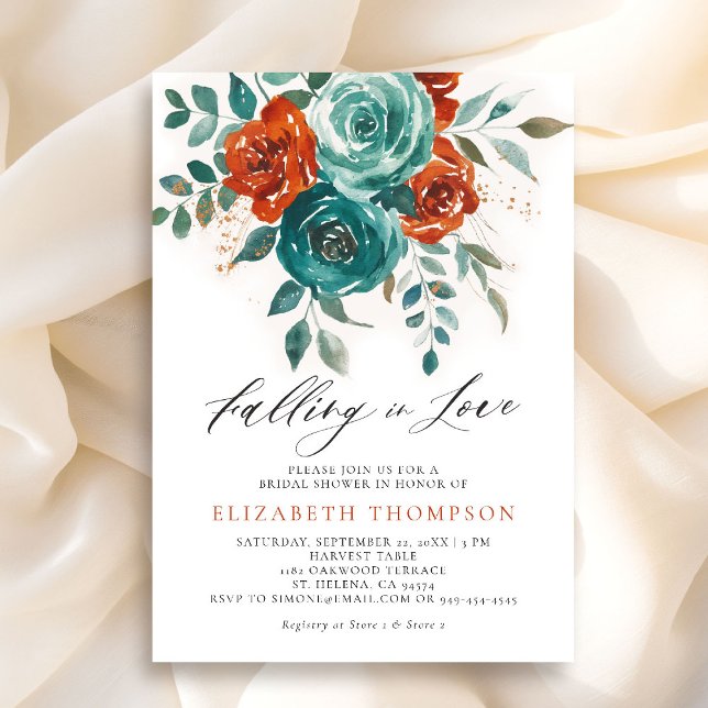 Fallende in der Liebe Aquamarin Burnt Orange Braut Einladung (falling in love bridal shower invitation teal burnt orange terracotta watercolor floral botanical)