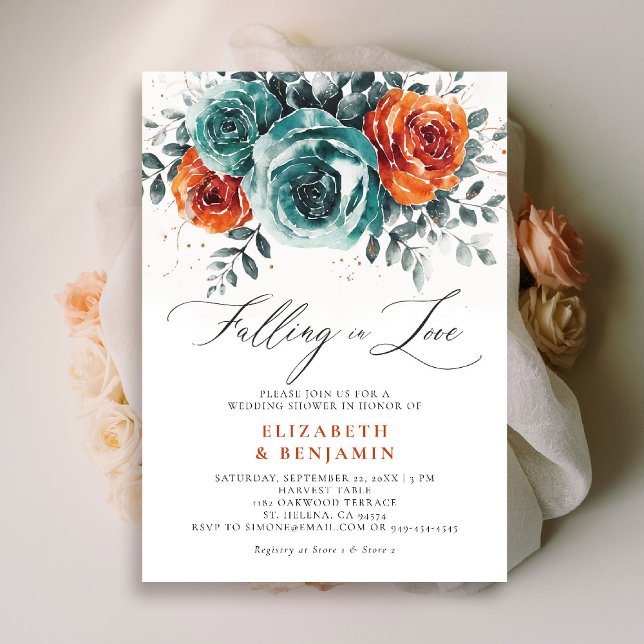 Fallende in der Liebe Aquamarin Orange Wedding Bra Einladung (falling in love wedding shower invitation teal burnt orange terracotta watercolor floral botanical)