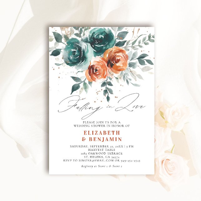 Fallende in Liebe Whimsical Wedding Brautparty Einladung (falling in love wedding shower invitation teal burnt orange terracotta watercolor floral boho)