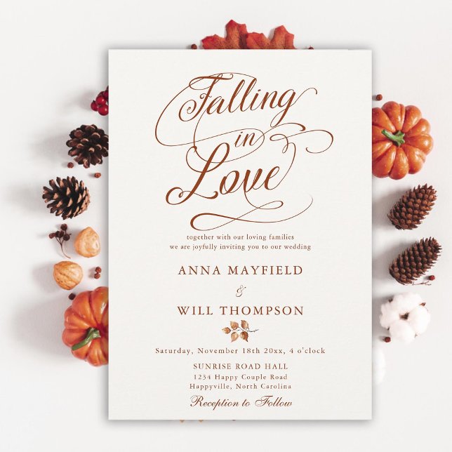 Fallende Liebe Leaf Romantische Kalligraphie Hochz Einladung (falling in love wedding invitation autumn leaves terracotta romantic calligraphy elegant boho rustic)