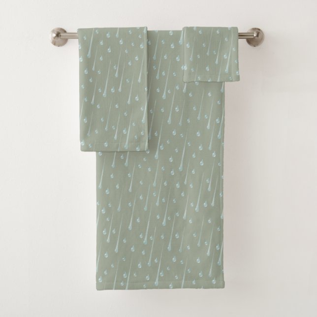 Fallende Raindrops Niedlicher Regentag Olive Green Badhandtuch Set (Insitu)