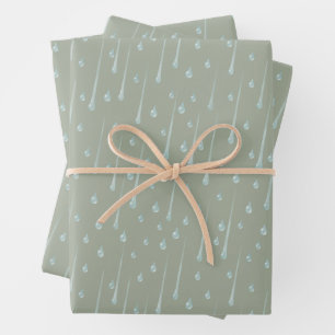 Fallende Raindrops Niedlicher Regentag Olive Green Geschenkpapier Set