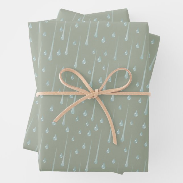 Fallende Raindrops Niedlicher Regentag Olive Green Geschenkpapier Set (Beispiel)