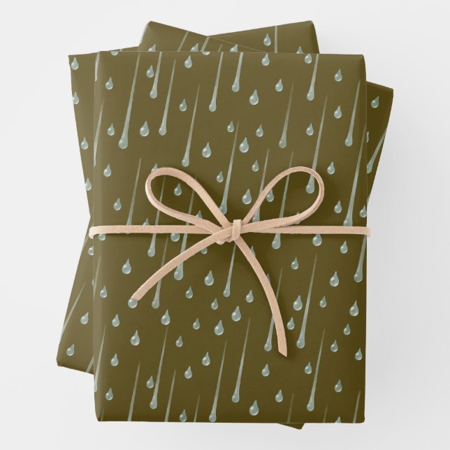 Fallende Raindrops Niedlicher Regentag Sepia Brown Geschenkpapier Set (Beispiel)