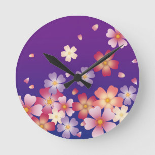Fallende Sakura Blüten Japanisch Blau & Lila Runde Wanduhr