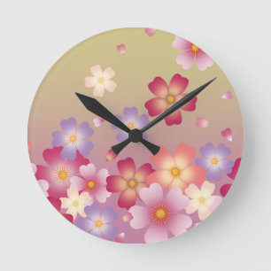 Fallende Sakura Blüten Japanisch Grün & Rosa Runde Wanduhr