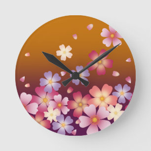 Fallende Sakura-Blüten Kimono-Stil Gold Runde Wanduhr