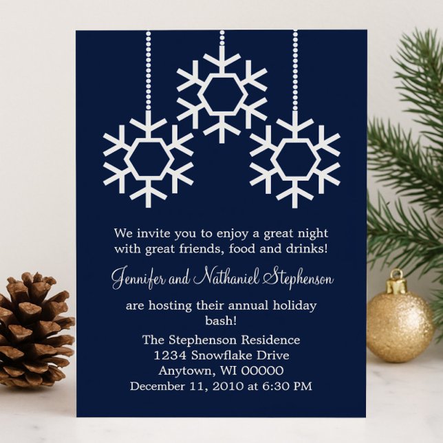 Fallende Schneeflocken Feier, Dunkelblau Einladung (Dark Blue Falling Snowflakes Holiday Party Invitation)