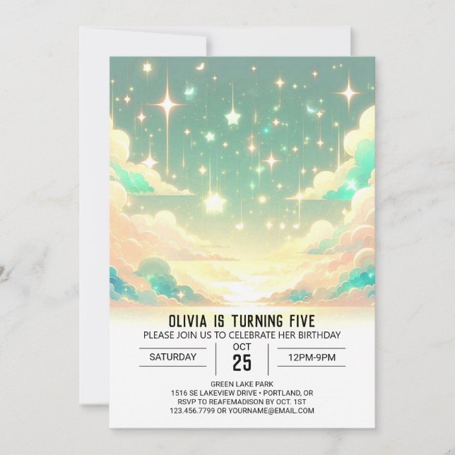 Fallende Sterne Moderne Celestial Digital Geburtst Einladung (Vorderseite)